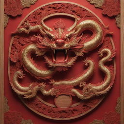 A 3D Chinese New Year poster with sculpted layers of wood shaping intricate Chinese dragons. Use powerful hues of red and gold to create a festive atmosphere.