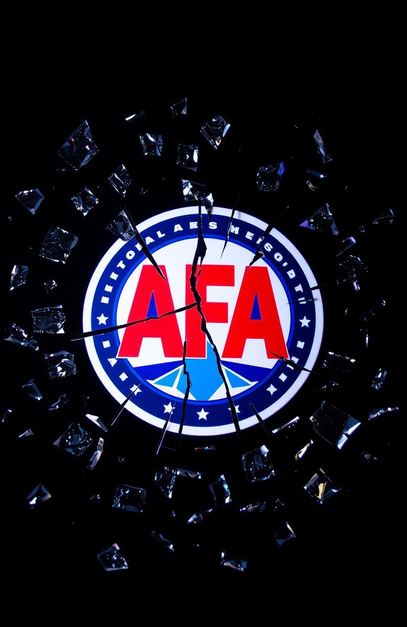 An artistic representation of a shattered AFA logo, with pieces of the logo scattered around