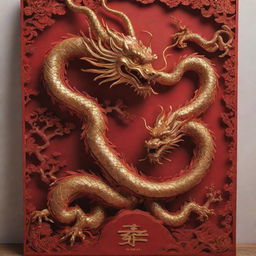 A 3D Chinese New Year poster with sculpted layers of wood shaping intricate Chinese dragons. Use powerful hues of red and gold to create a festive atmosphere.