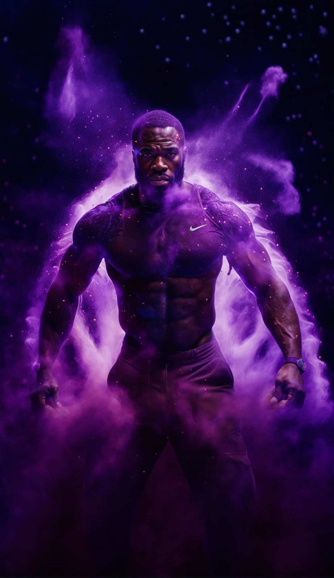 A black bodybuilder in Nike sportswear stands amidst darkness, surrounded by an explosion of purple chalk dust under dramatic lighting.