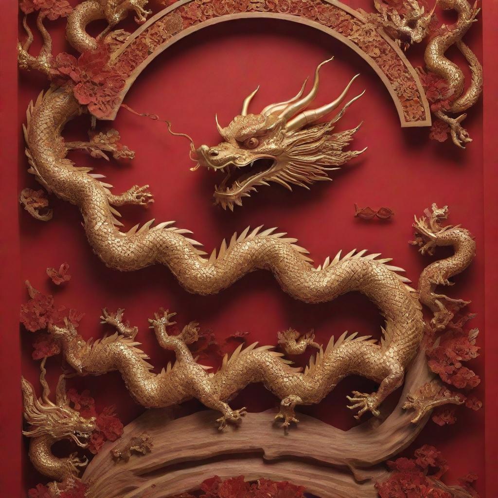 A 3D Chinese New Year poster with sculpted layers of wood shaping intricate Chinese dragons. Meld traditional with modern by incoporating an electronic theme, featuring solar panels in the corners. Soak the scene in rich red and gold hues.