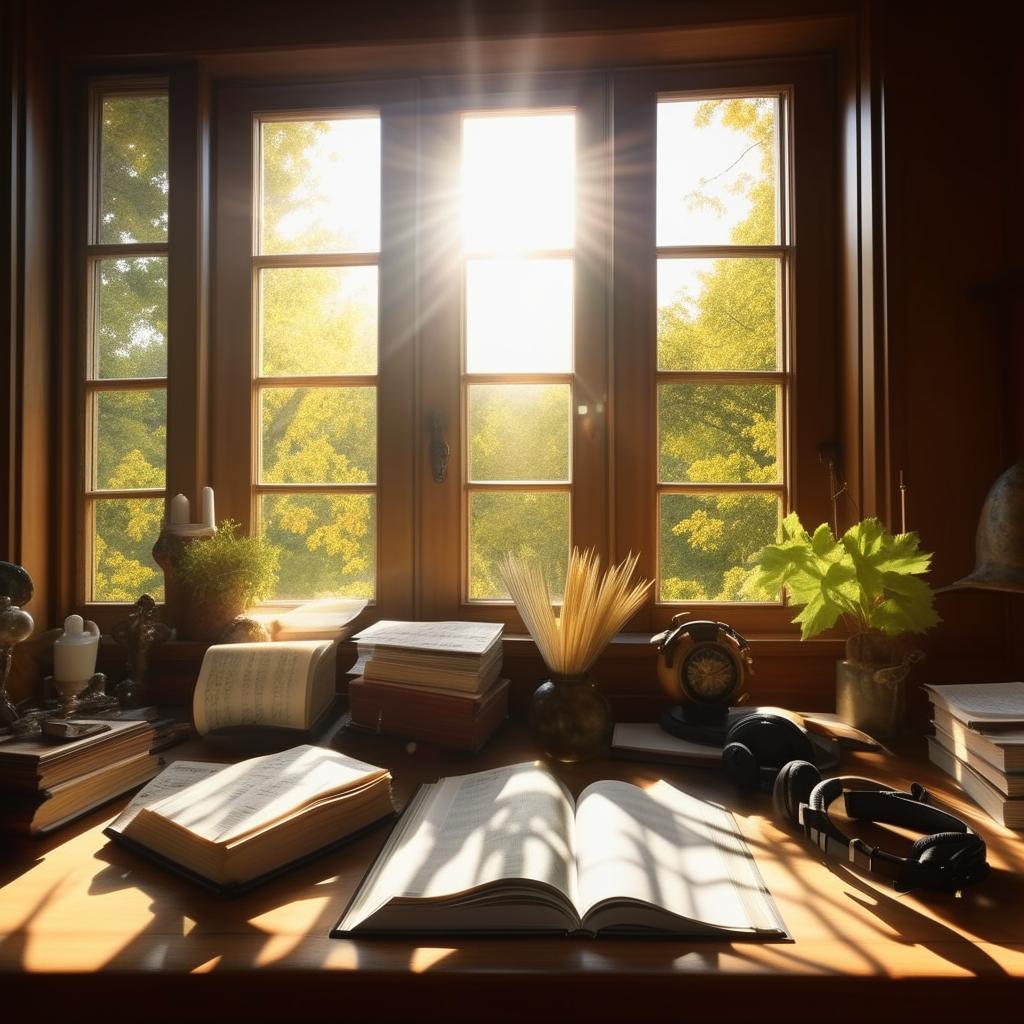 A serene study room with an open book on a wooden desk, sunlight filtering through a window, headphones on the side, and sheet music scattering around.