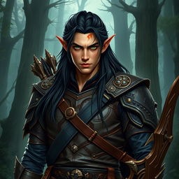 A formidable tall male forest elf with long dark hair, slightly green-tinted skin, and piercing green eyes