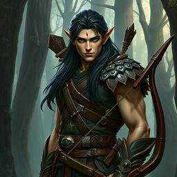 A formidable tall male forest elf with long dark hair, slightly green-tinted skin, and piercing green eyes