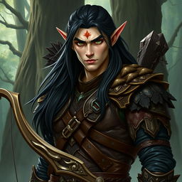 A formidable tall male forest elf with long dark hair, slightly green-tinted skin, and piercing green eyes