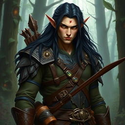 A formidable tall male forest elf with long dark hair, slightly green-tinted skin, and piercing green eyes