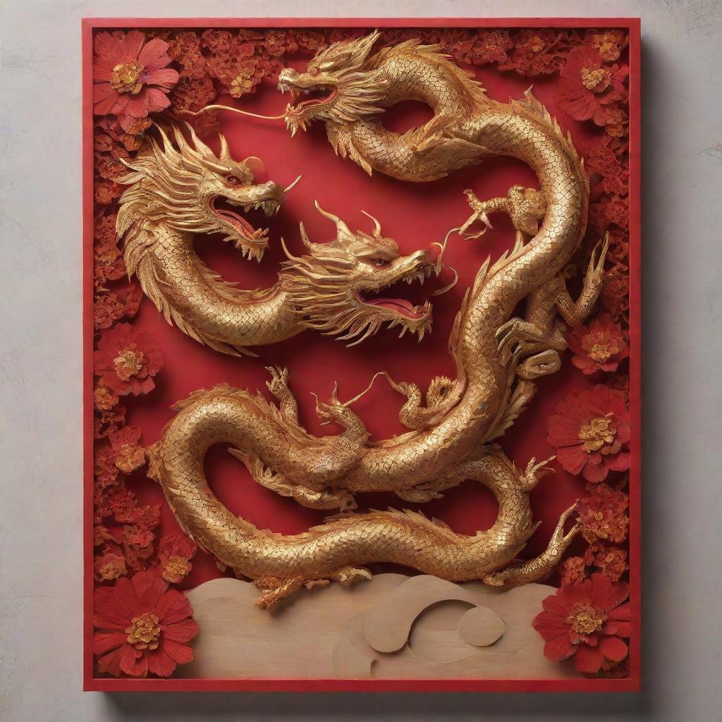 A 3D Chinese New Year poster with sculpted layers of wood shaping intricate Chinese dragons. Meld traditional with modern by incoporating an electronic theme, featuring solar panels in the corners. Soak the scene in rich red and gold hues.