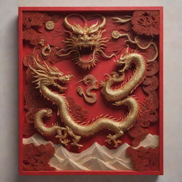 A 3D Chinese New Year poster with sculpted layers of wood shaping intricate Chinese dragons. Meld traditional with modern by incoporating an electronic theme, featuring solar panels in the corners. Soak the scene in rich red and gold hues.