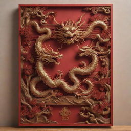 A 3D Chinese New Year poster with sculpted layers of wood shaping intricate Chinese dragons. Meld traditional with modern by incoporating an electronic theme, featuring solar panels in the corners. Soak the scene in rich red and gold hues.