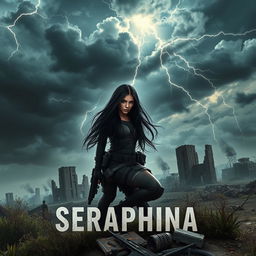 In a captivating book cover design, Seraphina, the protagonist with long flowing black hair, is depicted in a dynamic pose, kneeling to the side with a fierce expression, showcasing her readiness for action in a desolate post-apocalyptic landscape