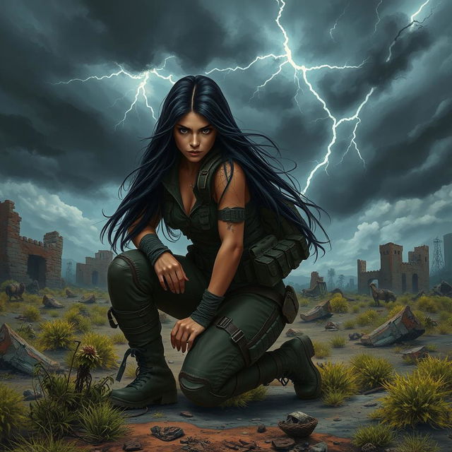 In a captivating book cover design, Seraphina, the protagonist with long flowing black hair, is depicted in a dynamic pose, kneeling to the side with a fierce expression, showcasing her readiness for action in a desolate post-apocalyptic landscape