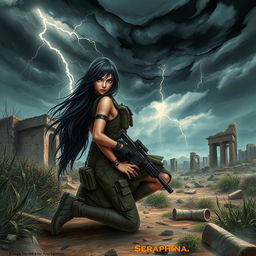 In a captivating book cover design, Seraphina, the protagonist with long flowing black hair, is depicted in a dynamic pose, kneeling to the side with a fierce expression, showcasing her readiness for action in a desolate post-apocalyptic landscape