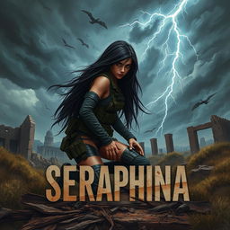 In a captivating book cover design, Seraphina, the protagonist with long flowing black hair, is depicted in a dynamic pose, kneeling to the side with a fierce expression, showcasing her readiness for action in a desolate post-apocalyptic landscape