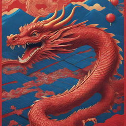 A vibrant Chinese New Year poster merging tradition and modernity. Detailed dragons weave through an electronic landscape marked by solar panels in corner. Cover the scene in dynamic shades of red and blue to contrast.