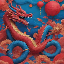 A vibrant Chinese New Year poster merging tradition and modernity. Detailed dragons weave through an electronic landscape marked by solar panels in corner. Cover the scene in dynamic shades of red and blue to contrast.