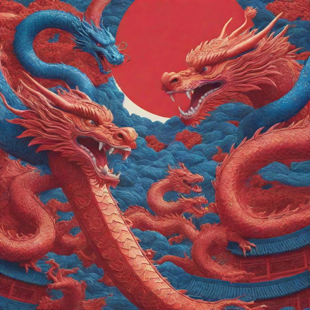 A vibrant Chinese New Year poster merging tradition and modernity. Detailed dragons weave through an electronic landscape marked by solar panels in corner. Cover the scene in dynamic shades of red and blue to contrast.