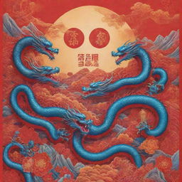 A vibrant Chinese New Year poster merging tradition and modernity. Detailed dragons weave through an electronic landscape marked by solar panels in corner. Cover the scene in dynamic shades of red and blue to contrast.