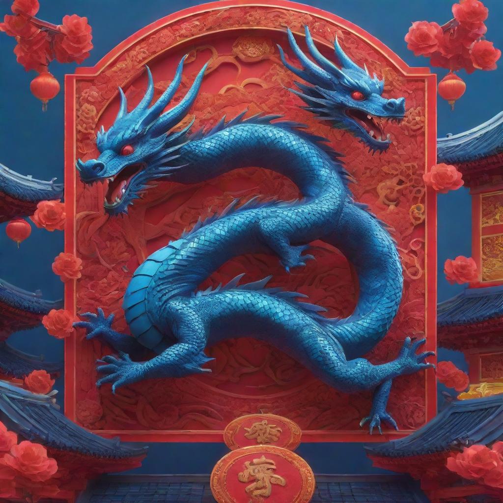 A Chinese New Year poster showcasing 3D layered dragons amidst an electronic theme with solar panels. Incorporate neon designs on the dragon's body, blending traditional with futuristic aesthetics. Fill the scene with a striking palette of red and blue.