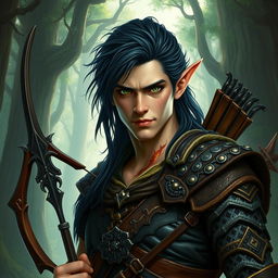 A formidable tall male forest elf with long dark hair, slightly green-tinted skin, and piercing green eyes