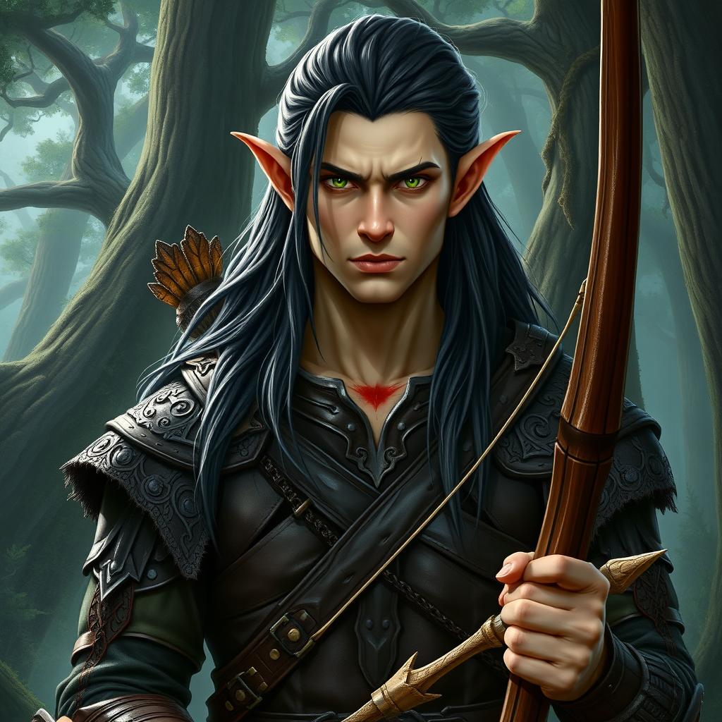 A formidable tall male forest elf with long dark hair, slightly green-tinted skin, and piercing green eyes