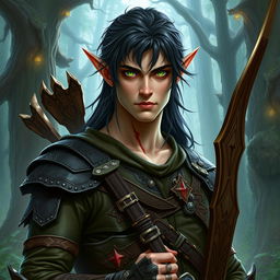 A formidable tall male forest elf with long dark hair, slightly green-tinted skin, and piercing green eyes