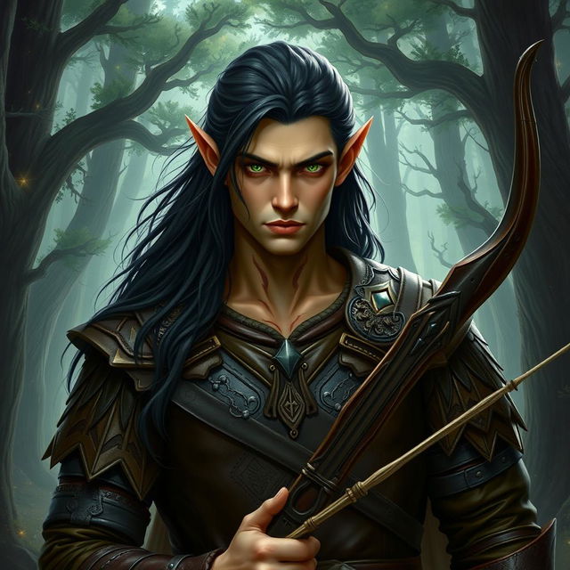 A formidable tall male forest elf with long dark hair, slightly green-tinted skin, and piercing green eyes