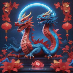 A Chinese New Year poster showcasing 3D layered dragons amidst an electronic theme with solar panels. Incorporate neon designs on the dragon's body, blending traditional with futuristic aesthetics. Fill the scene with a striking palette of red and blue.