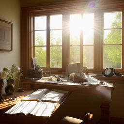 A serene study room with an open book on a wooden desk, sunlight filtering through a window, headphones on the side, and sheet music scattering around.