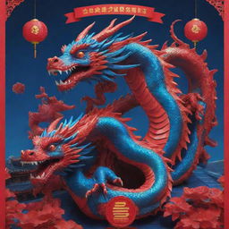 A Chinese New Year poster showcasing 3D layered dragons amidst an electronic theme with solar panels. Incorporate neon designs on the dragon's body, blending traditional with futuristic aesthetics. Fill the scene with a striking palette of red and blue.