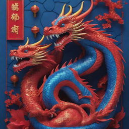 A Chinese New Year poster showcasing 3D layered dragons amidst an electronic theme with solar panels. Incorporate neon designs on the dragon's body, blending traditional with futuristic aesthetics. Fill the scene with a striking palette of red and blue.