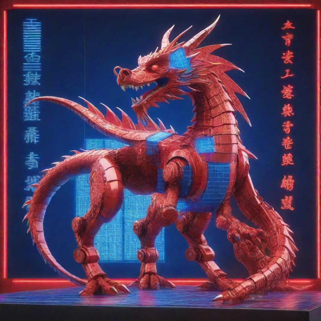 A Chinese New Year poster featuring a singular robotic dragon set against an electronic backdrop with solar panels. Highlight the dragon's body with neon designs, in a vibrant mix of red and blue colors.