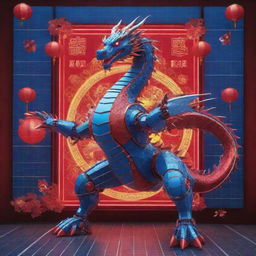 A Chinese New Year poster featuring a singular robotic dragon set against an electronic backdrop with solar panels. Highlight the dragon's body with neon designs, in a vibrant mix of red and blue colors.