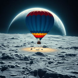 A stunning scene of a vibrant hot air balloon soaring gracefully above the Moon's rugged lunar landscape
