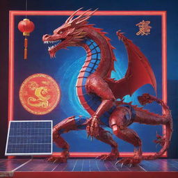 A Chinese New Year poster featuring a singular robotic dragon set against an electronic backdrop with solar panels. Highlight the dragon's body with neon designs, in a vibrant mix of red and blue colors.