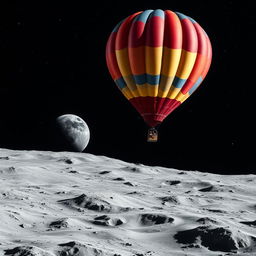 A stunning scene of a vibrant hot air balloon soaring gracefully above the Moon's rugged lunar landscape