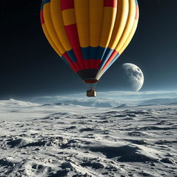A stunning scene of a vibrant hot air balloon soaring gracefully above the Moon's rugged lunar landscape