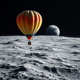 A stunning scene of a vibrant hot air balloon soaring gracefully above the Moon's rugged lunar landscape