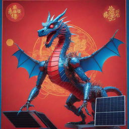 A Chinese New Year poster featuring a singular robotic dragon set against an electronic backdrop with solar panels. Highlight the dragon's body with neon designs, in a vibrant mix of red and blue colors.