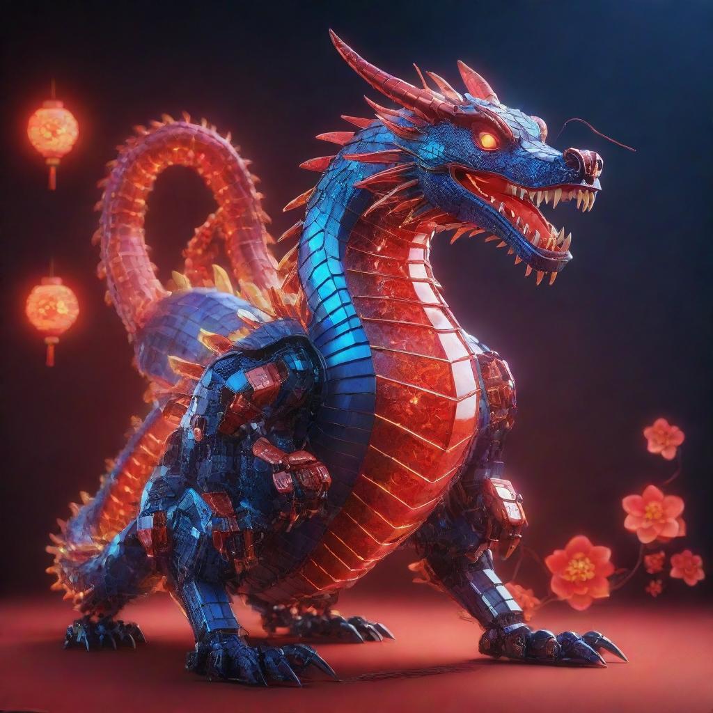 An electrifying Chinese New Year poster showing a single Chinese robotic dragon, set within a digitized environment featuring solar panels. Render the dragon with neon designs on its body, employing a rich palette of red and blue hues.