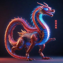 An electrifying Chinese New Year poster showing a single Chinese robotic dragon, set within a digitized environment featuring solar panels. Render the dragon with neon designs on its body, employing a rich palette of red and blue hues.