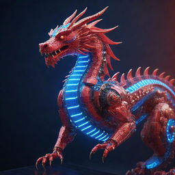 An electrifying Chinese New Year poster showing a single Chinese robotic dragon, set within a digitized environment featuring solar panels. Render the dragon with neon designs on its body, employing a rich palette of red and blue hues.