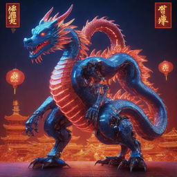 An electrifying Chinese New Year poster showing a single Chinese robotic dragon, set within a digitized environment featuring solar panels. Render the dragon with neon designs on its body, employing a rich palette of red and blue hues.