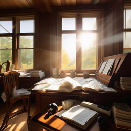 A serene study room with an open book on a wooden desk, sunlight filtering through a window, headphones on the side, and sheet music scattering around.