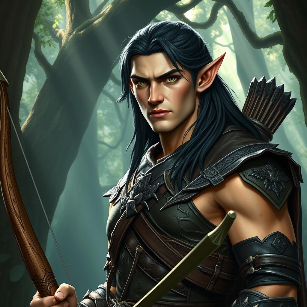 A formidable tall male forest elf with long dark hair, slightly green-tinted skin, and intense green eyes