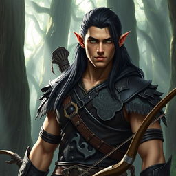 A formidable tall male forest elf with long dark hair, slightly green-tinted skin, and intense green eyes