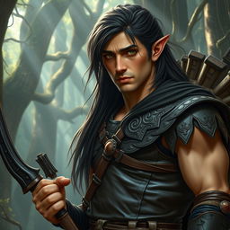 A formidable tall male forest elf with long dark hair, slightly green-tinted skin, and intense green eyes