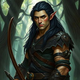A formidable tall male forest elf with long dark hair, slightly green-tinted skin, and intense green eyes