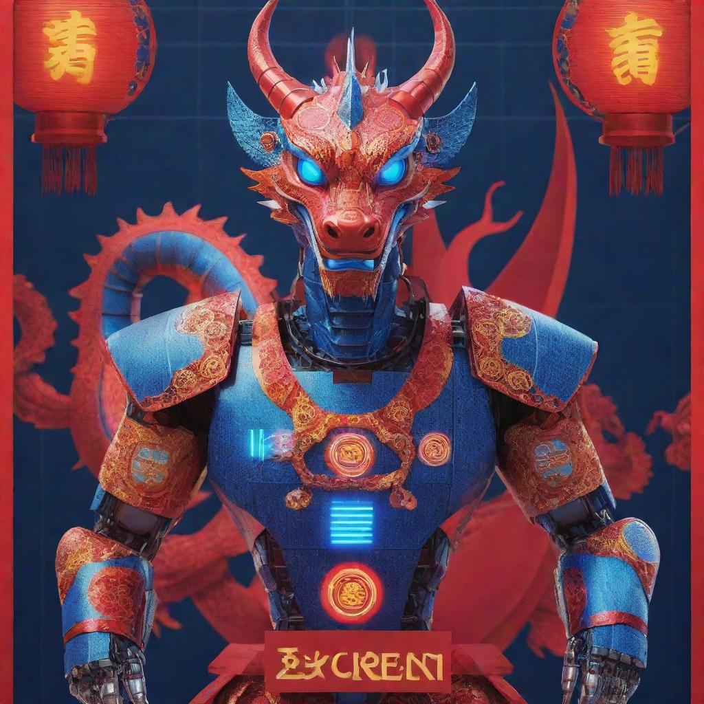 Create a Chinese New Year poster showcasing a Chinese dragon turned modern robot, surrounded by solar panels and electronic theme elements. The dragon has neon designs on its body, emphasized by vivid red and blue colors.