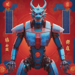 Create a Chinese New Year poster showcasing a Chinese dragon turned modern robot, surrounded by solar panels and electronic theme elements. The dragon has neon designs on its body, emphasized by vivid red and blue colors.