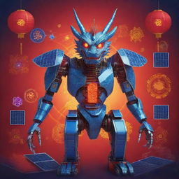 Create a Chinese New Year poster showcasing a Chinese dragon turned modern robot, surrounded by solar panels and electronic theme elements. The dragon has neon designs on its body, emphasized by vivid red and blue colors.